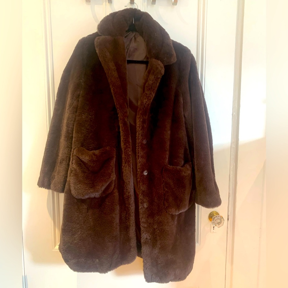 Dark brown faux fur coat from J McLaughlin. Size small. Worn once!